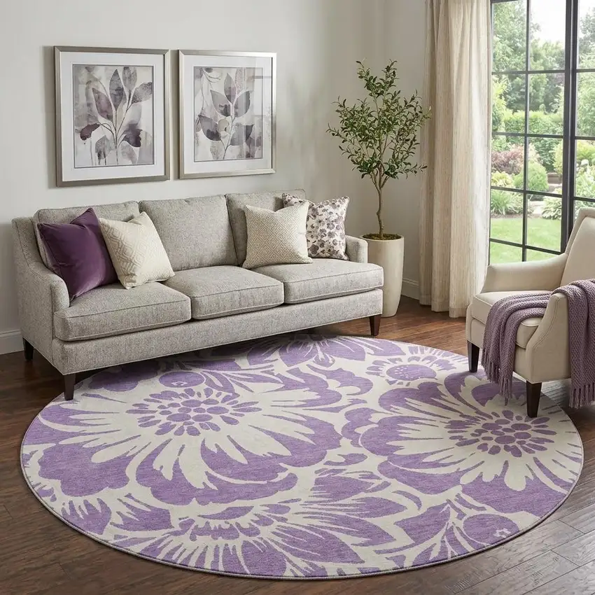 8' Purple And Ivory Floral Washable Round Rug With UV Protection Photo 1