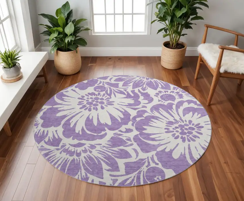 8' Purple And Ivory Floral Washable Round Rug With UV Protection Photo 2