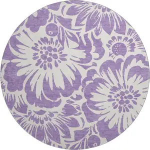 Photo of 8' Purple And Ivory Floral Washable Round Rug With UV Protection