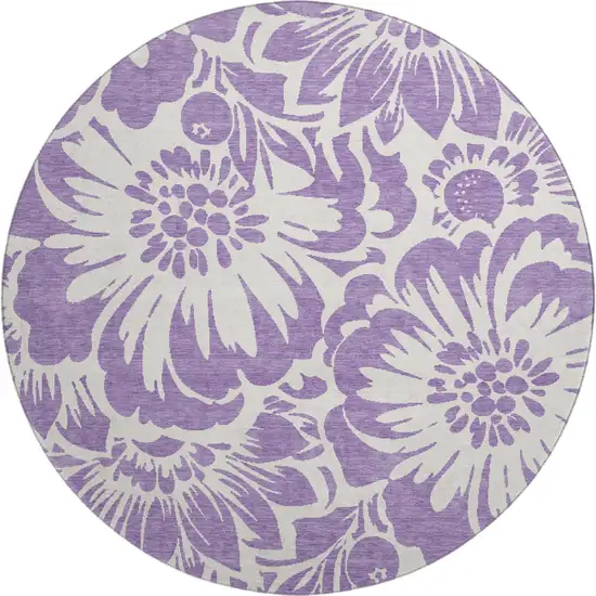 8' Purple And Ivory Floral Washable Round Rug With UV Protection Photo 1