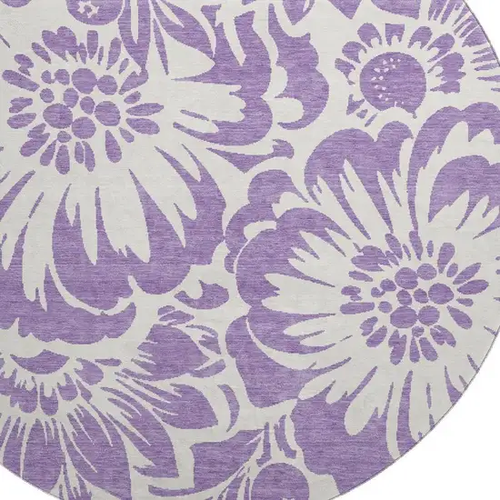 8' Purple And Ivory Floral Washable Round Rug With UV Protection Photo 3