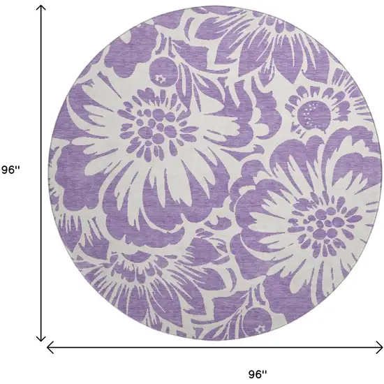 8' Purple And Ivory Floral Washable Round Rug With UV Protection Photo 3
