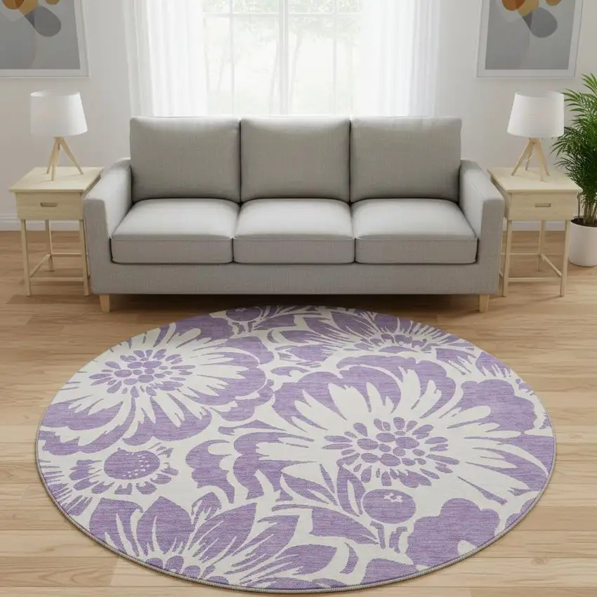 8' Purple And Ivory Floral Washable Round Rug With UV Protection Photo 1