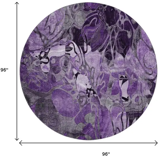 8' Purple And Ivory Abstract Distressed Washable Round Rug With UV Protection Photo 9