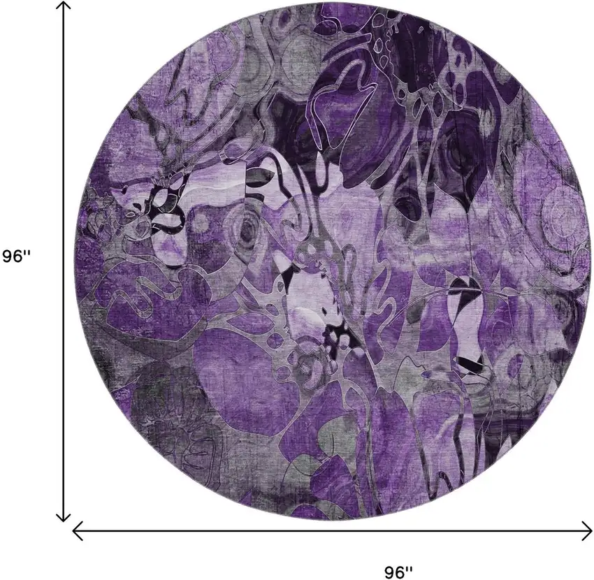 8' Purple And Ivory Abstract Distressed Washable Round Rug With UV Protection Photo 9