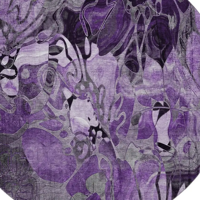 8' Purple And Ivory Floral Washable Round Rug With UV Protection Photo 3