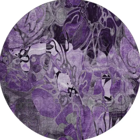 8' Purple And Ivory Floral Washable Round Rug With UV Protection Photo 4