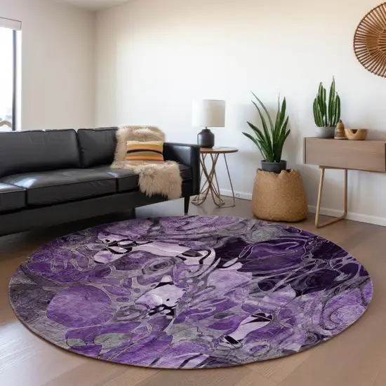 8' Purple And Ivory Floral Washable Round Rug With UV Protection Photo 5