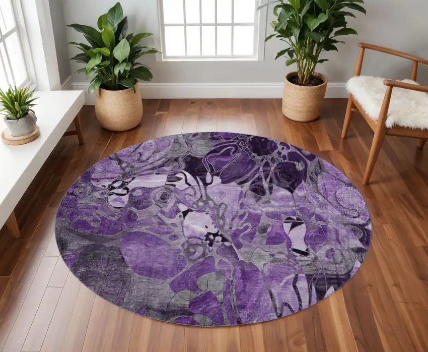 8' Purple And Ivory Floral Washable Round Rug With UV Protection Photo 2
