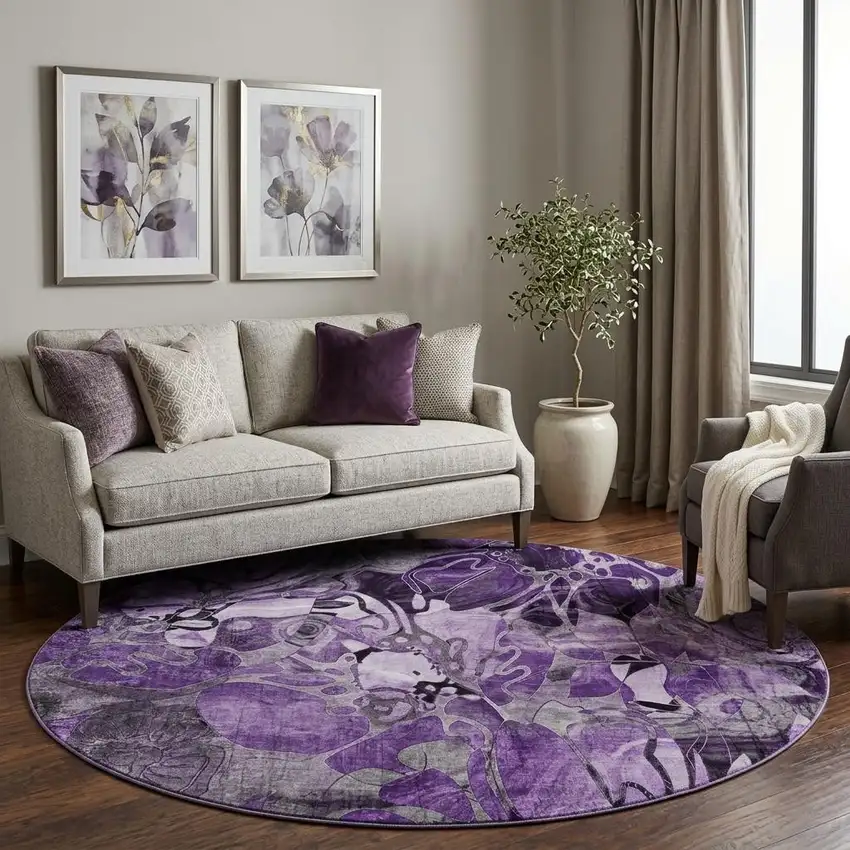 8' Purple And Ivory Abstract Distressed Washable Round Rug With UV Protection Photo 1