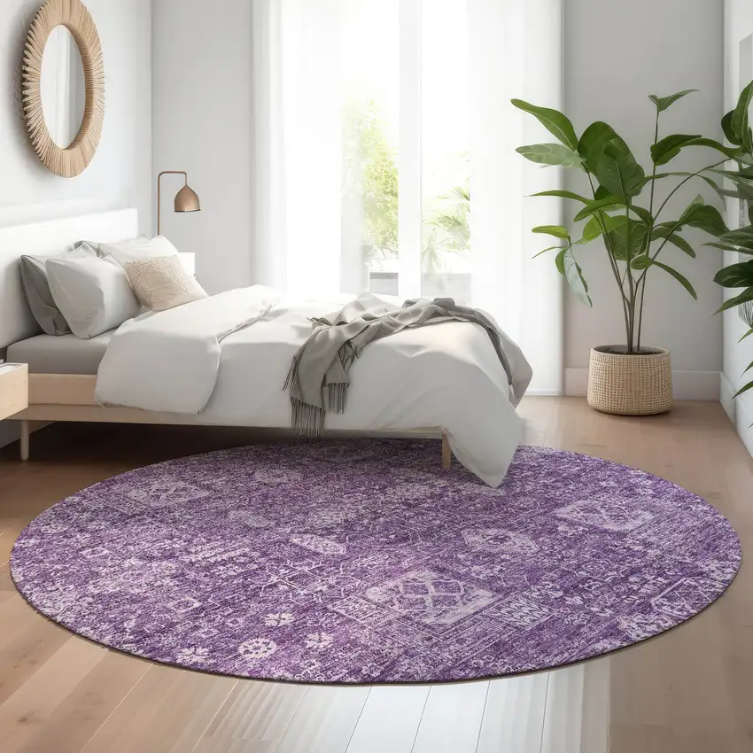 8' Purple And Ivory Floral Washable Round Rug With UV Protection Photo 5