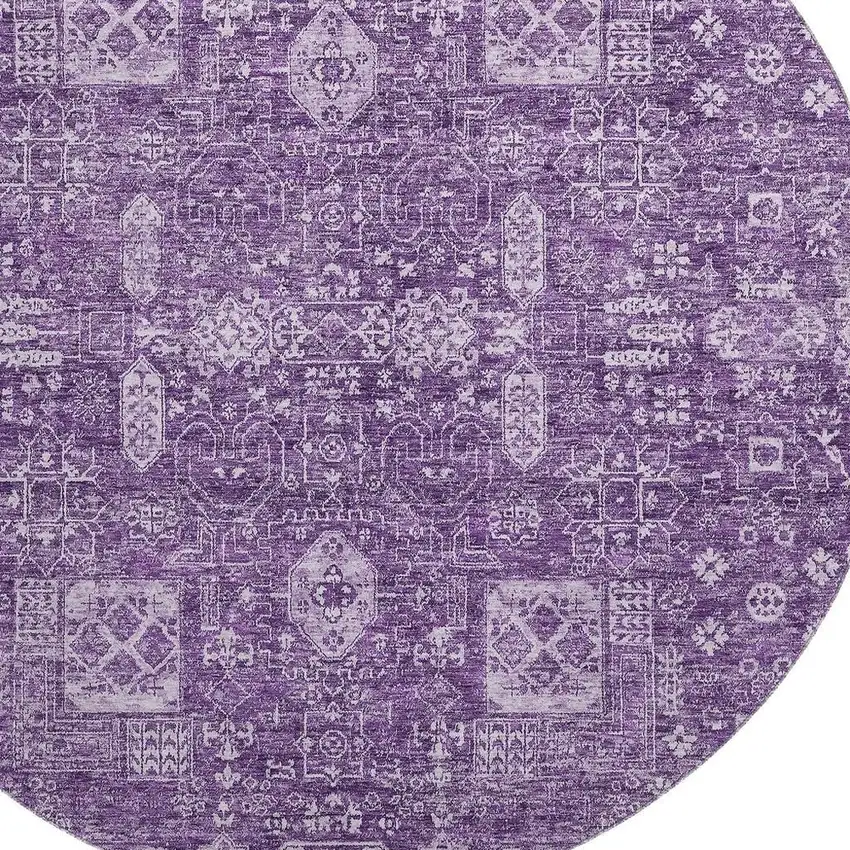 8' Purple And Ivory Floral Washable Round Rug With UV Protection Photo 3