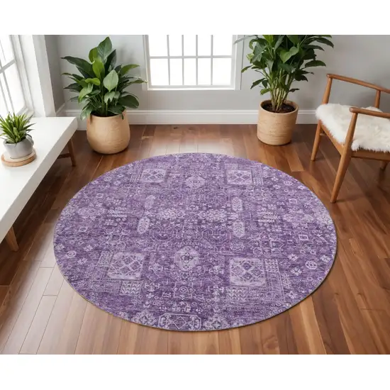 8' Purple And Ivory Floral Washable Round Rug With UV Protection Photo 2