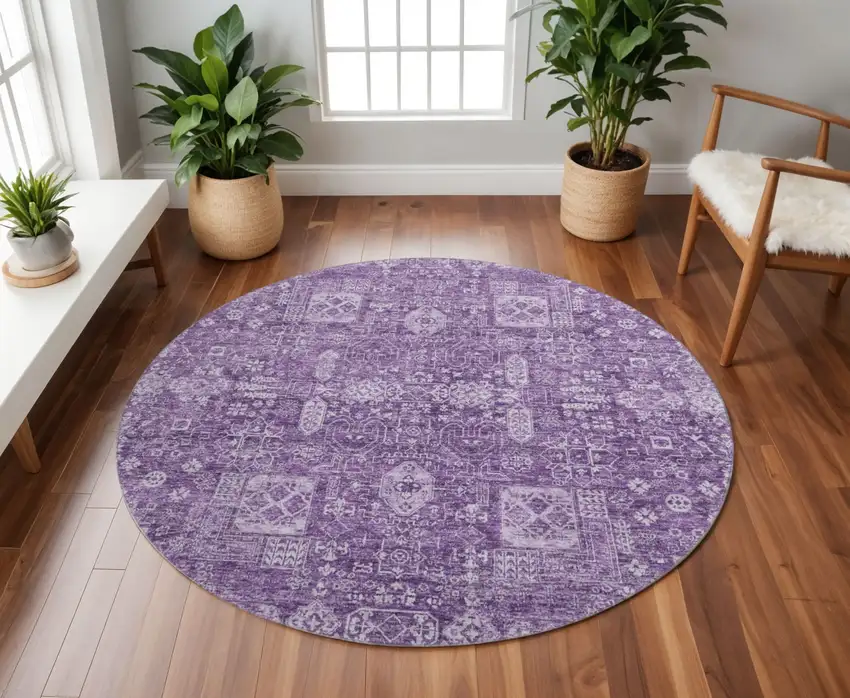 8' Purple And Ivory Floral Washable Round Rug With UV Protection Photo 2
