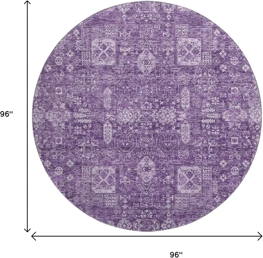 8' Purple And Ivory Floral Washable Round Rug With UV Protection Photo 3
