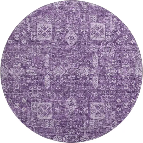 8' Purple And Ivory Floral Washable Round Rug With UV Protection Photo 1