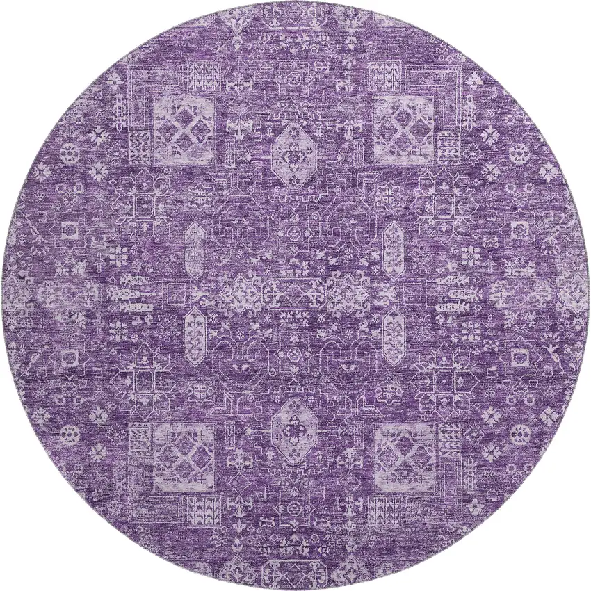 8' Purple And Ivory Floral Washable Round Rug With UV Protection Photo 1