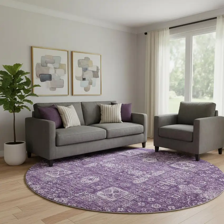 8' Purple And Ivory Floral Washable Round Rug With UV Protection Photo 1