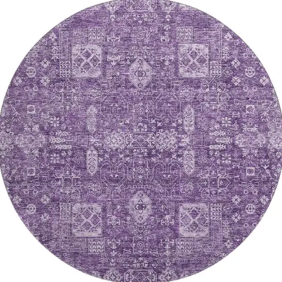 8' Purple And Ivory Floral Washable Round Rug With UV Protection Photo 4