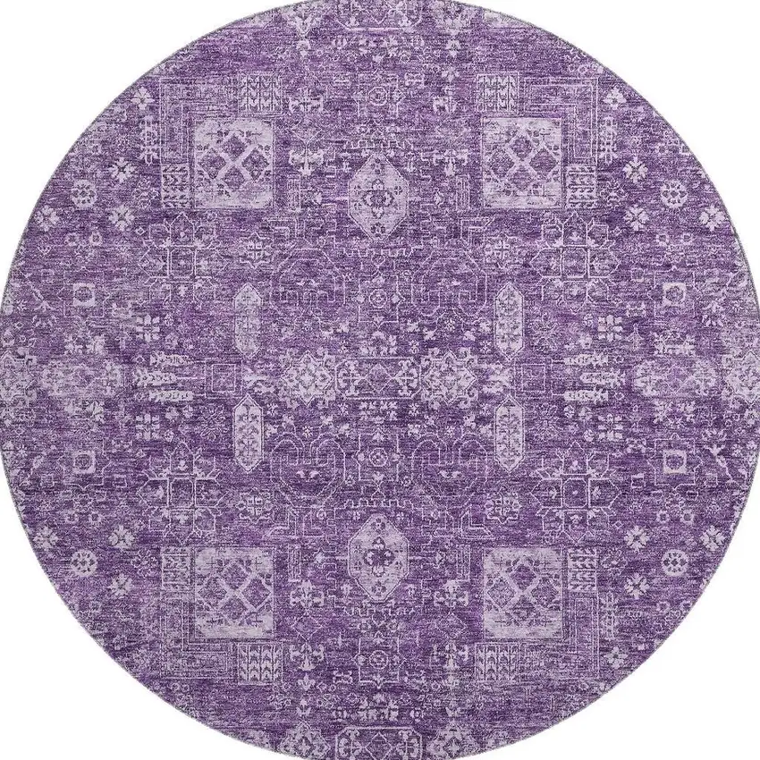 8' Purple And Ivory Floral Washable Round Rug With UV Protection Photo 4