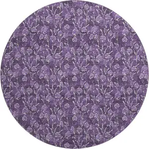 Photo of 8' Purple And Ivory Floral Washable Round Rug With UV Protection