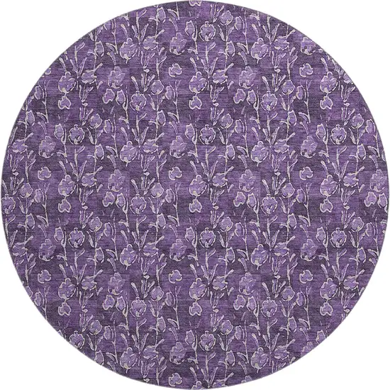 8' Purple And Ivory Floral Washable Round Rug With UV Protection Photo 1