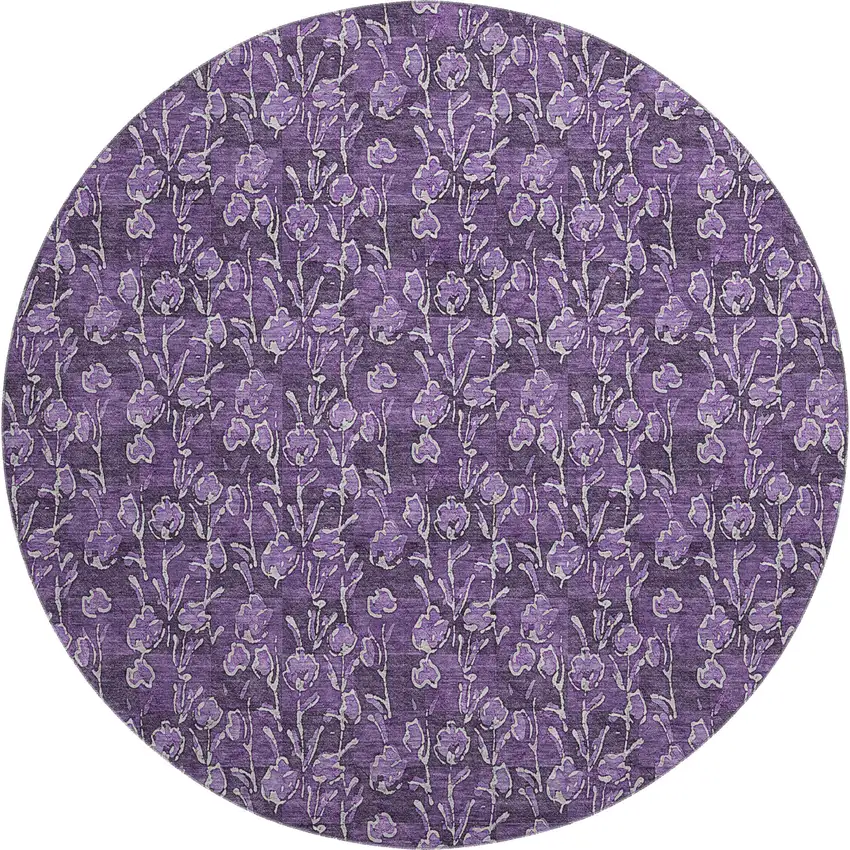 8' Purple And Ivory Floral Washable Round Rug With UV Protection Photo 1