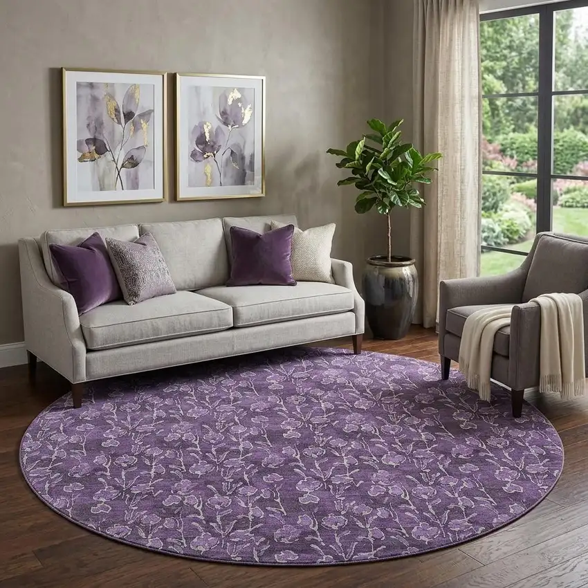 8' Purple And Ivory Floral Washable Round Rug With UV Protection Photo 1