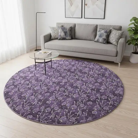 8' Purple And Ivory Floral Washable Round Rug With UV Protection Photo 2