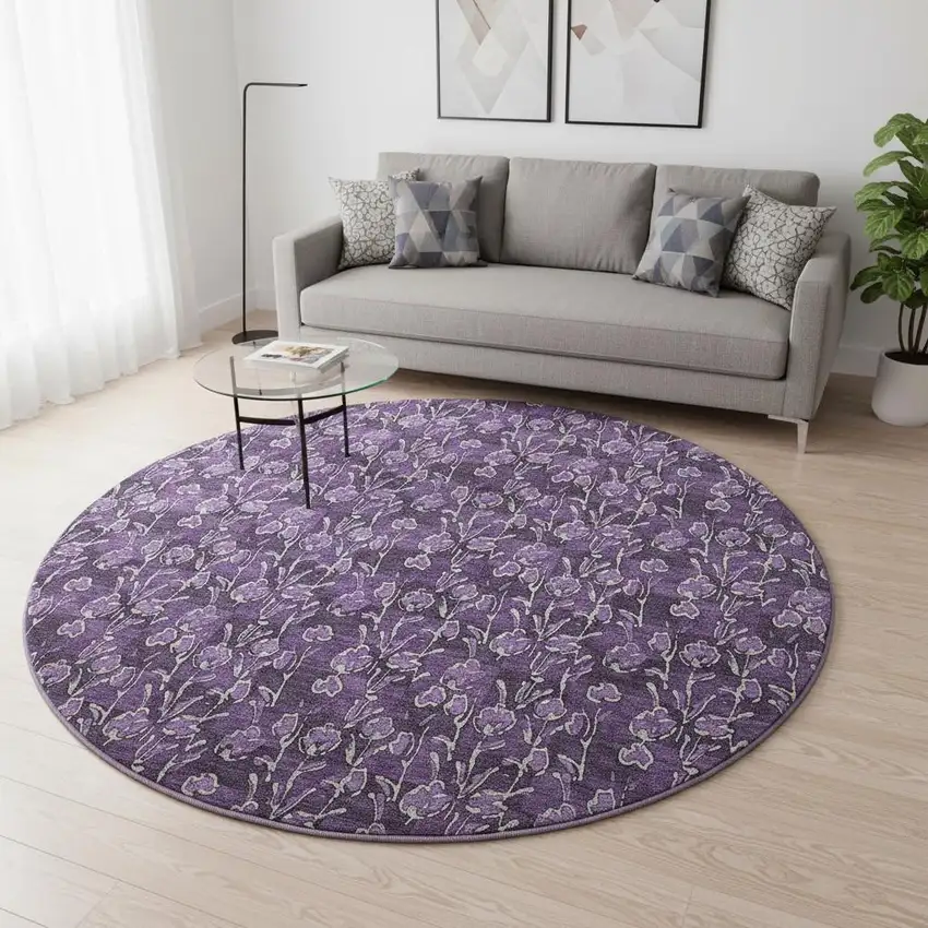 8' Purple And Ivory Floral Washable Round Rug With UV Protection Photo 2