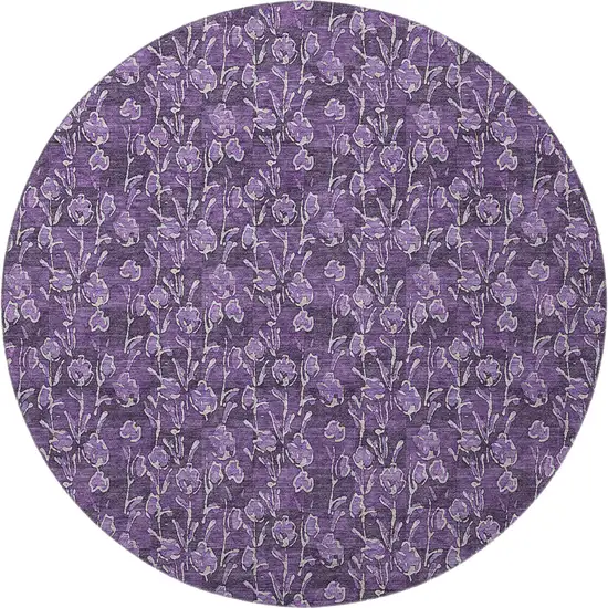 8' Purple And Ivory Floral Washable Round Rug With UV Protection Photo 3