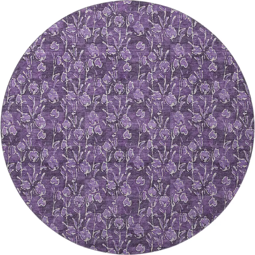 8' Purple And Ivory Floral Washable Round Rug With UV Protection Photo 3