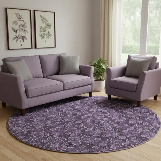 8' Purple And Ivory Floral Washable Round Rug With UV Protection Photo 1
