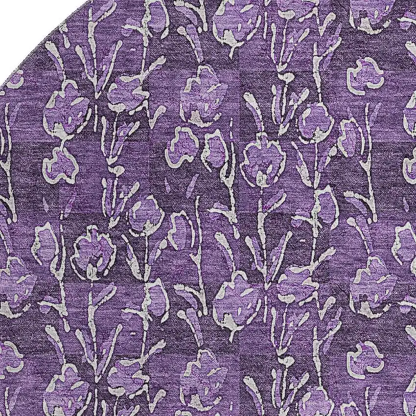 8' Purple And Ivory Floral Washable Round Rug With UV Protection Photo 4