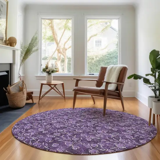 8' Purple And Ivory Floral Washable Round Rug With UV Protection Photo 5