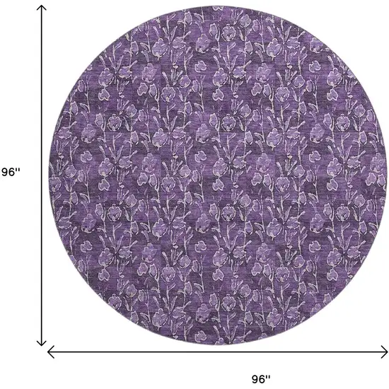 8' Purple And Ivory Floral Washable Round Rug With UV Protection Photo 6