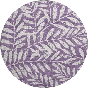 Photo of 8' Purple And Ivory Floral Washable Round Rug With UV Protection