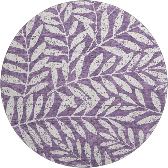 8' Purple And Ivory Floral Washable Round Rug With UV Protection Photo 1
