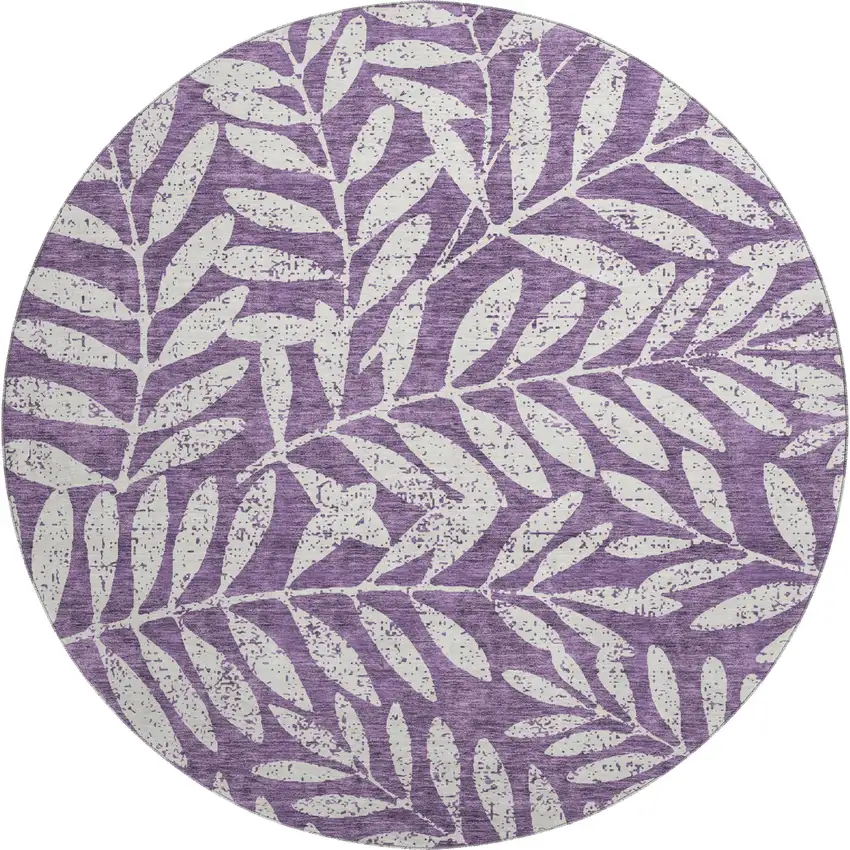 8' Purple And Ivory Floral Washable Round Rug With UV Protection Photo 1