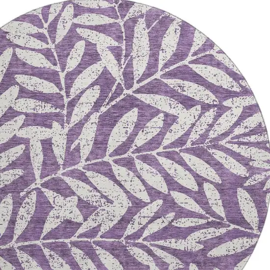 8' Purple And Ivory Floral Washable Round Rug With UV Protection Photo 4