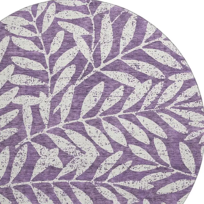 8' Purple And Ivory Floral Washable Round Rug With UV Protection Photo 4