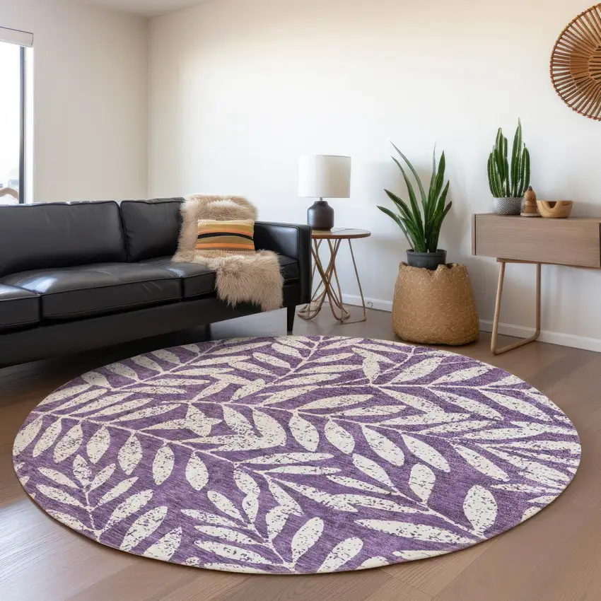 8' Purple And Ivory Floral Washable Round Rug With UV Protection Photo 5