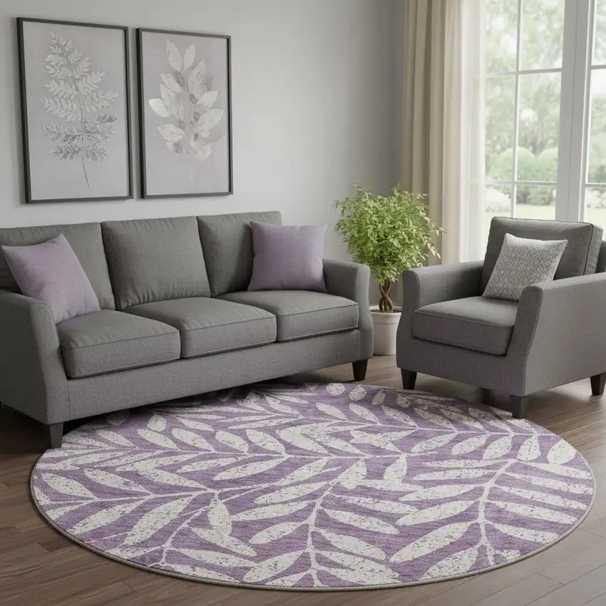 8' Purple And Ivory Floral Washable Round Rug With UV Protection Photo 1