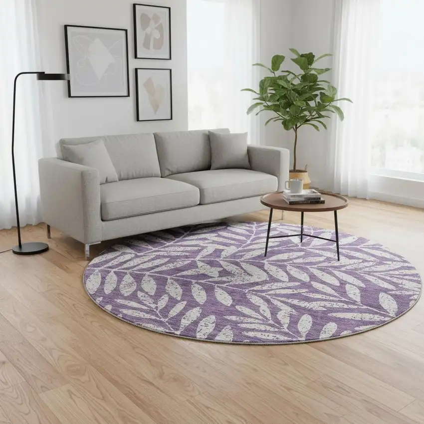 8' Purple And Ivory Floral Washable Round Rug With UV Protection Photo 2