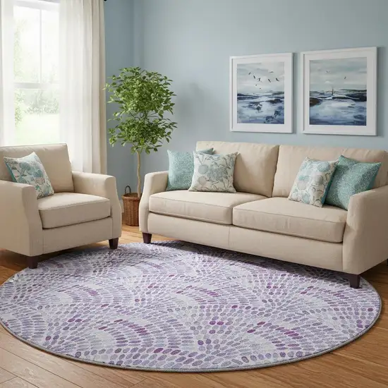 8' Purple And Ivory Geometric Washable Round Rug With UV Protection Photo 1