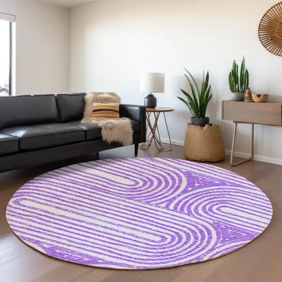8' Purple And Ivory Geometric Washable Round Rug With UV Protection Photo 4