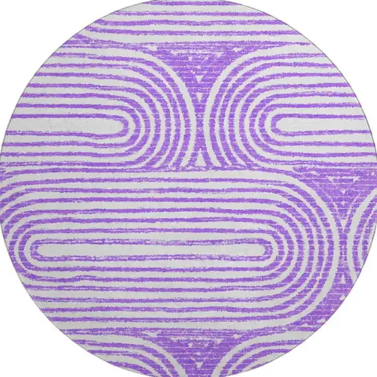 8' Purple And Ivory Geometric Washable Round Rug With UV Protection Photo 3
