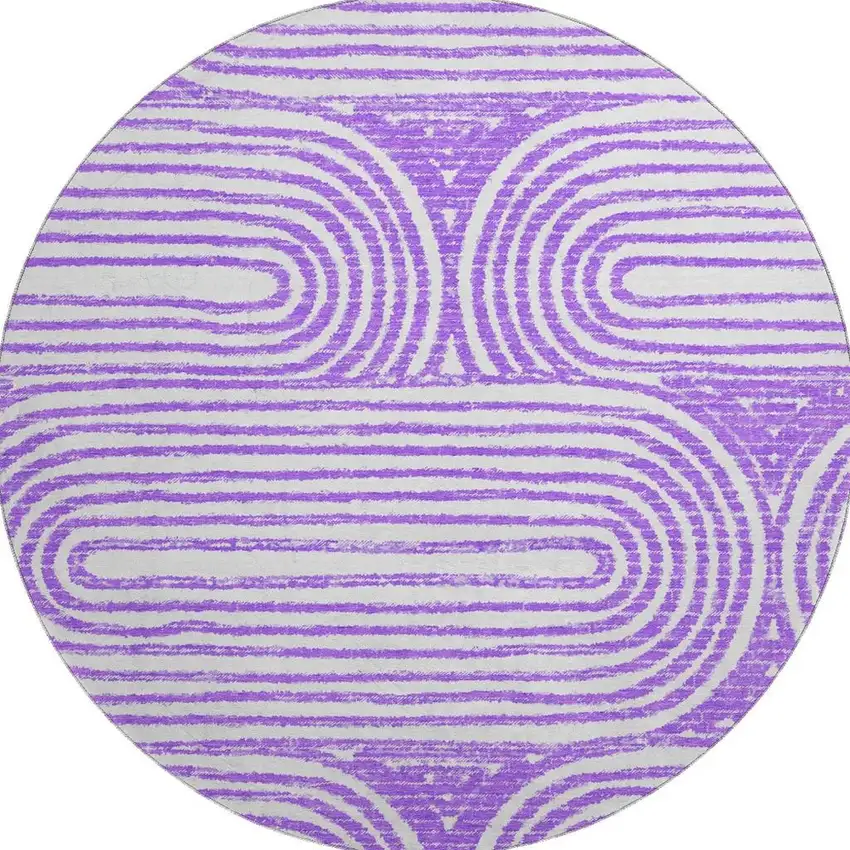 8' Purple And Ivory Geometric Washable Round Rug With UV Protection Photo 3