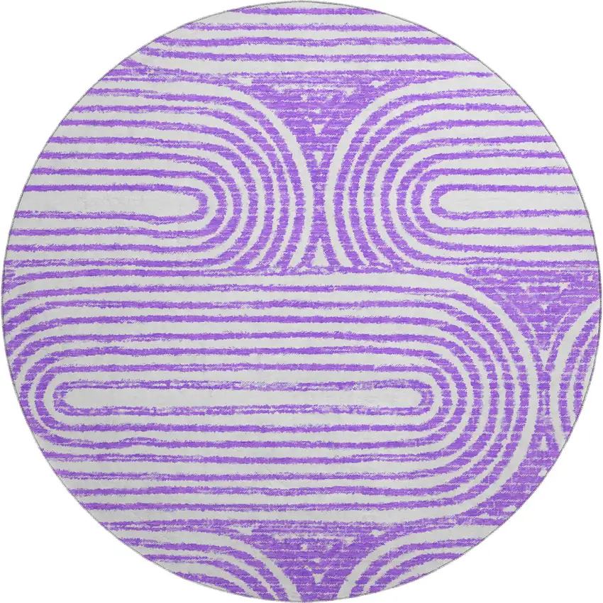 8' Purple And Ivory Geometric Washable Round Rug With UV Protection Photo 1