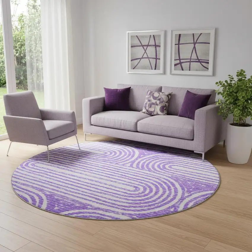 8' Purple And Ivory Geometric Washable Round Rug With UV Protection Photo 1